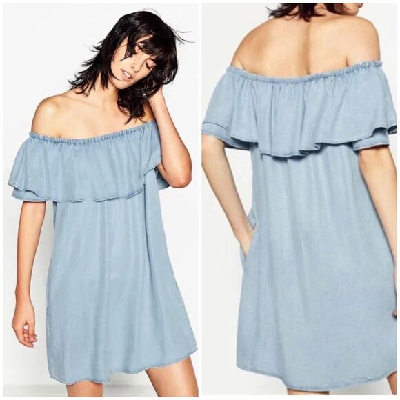 Zara Woman Premium Denim Off The Should Ruffle Dress Size S - Picture 1 of 7